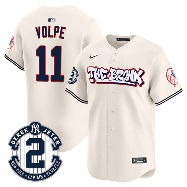 Men's New York Yankees #11 Anthony Volpe Cream The Bronx Graffiti V2 Vapor Limited Stitched Baseball Jersey Men's New York Yankees #11 Anthony Volpe Cream The Bronx Graffiti V2 Vapor Limited Stitched Baseball Jersey